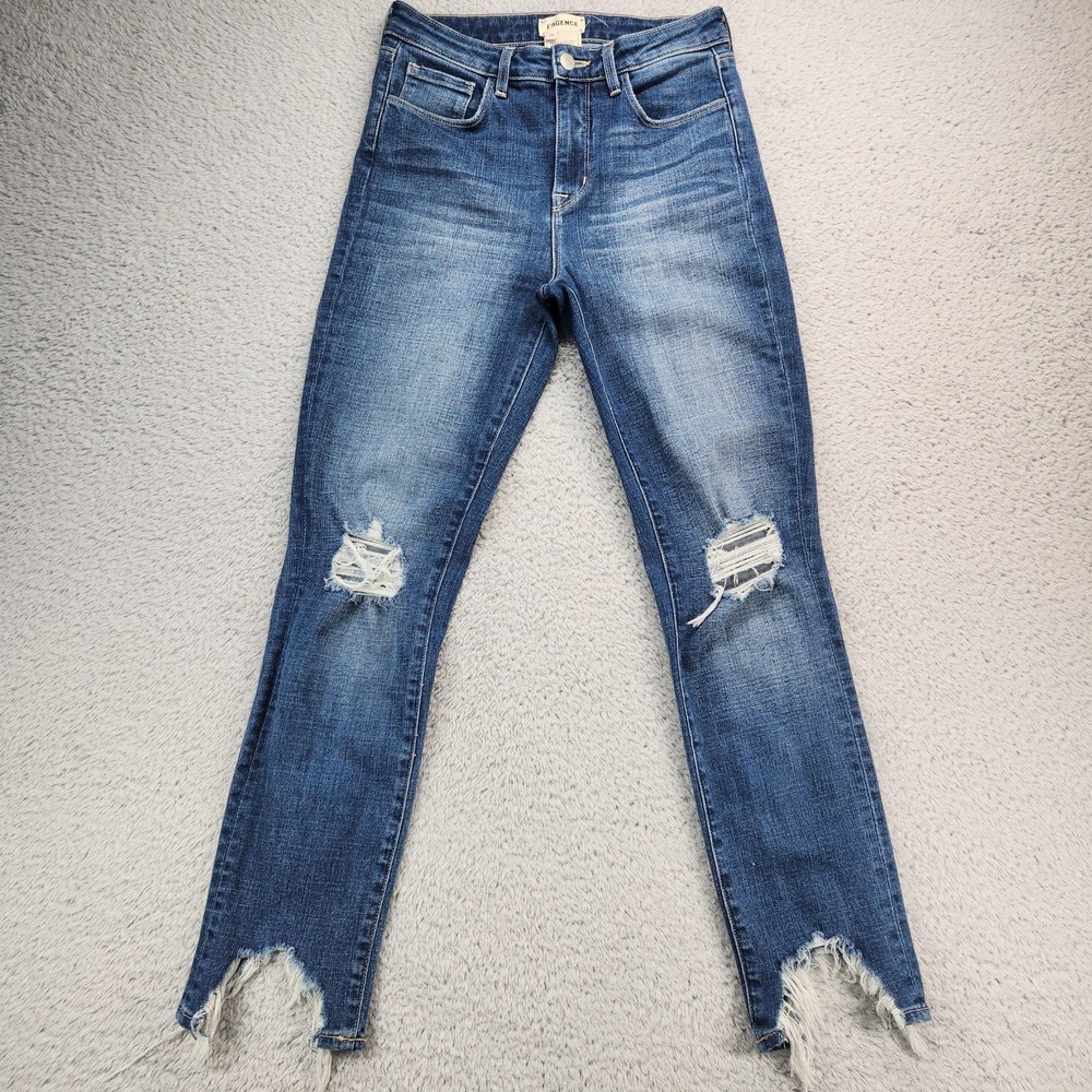 L'Agence Jeans Womens 26 Medium Blue High Rise Skinny Distressed Raw Hem Denim